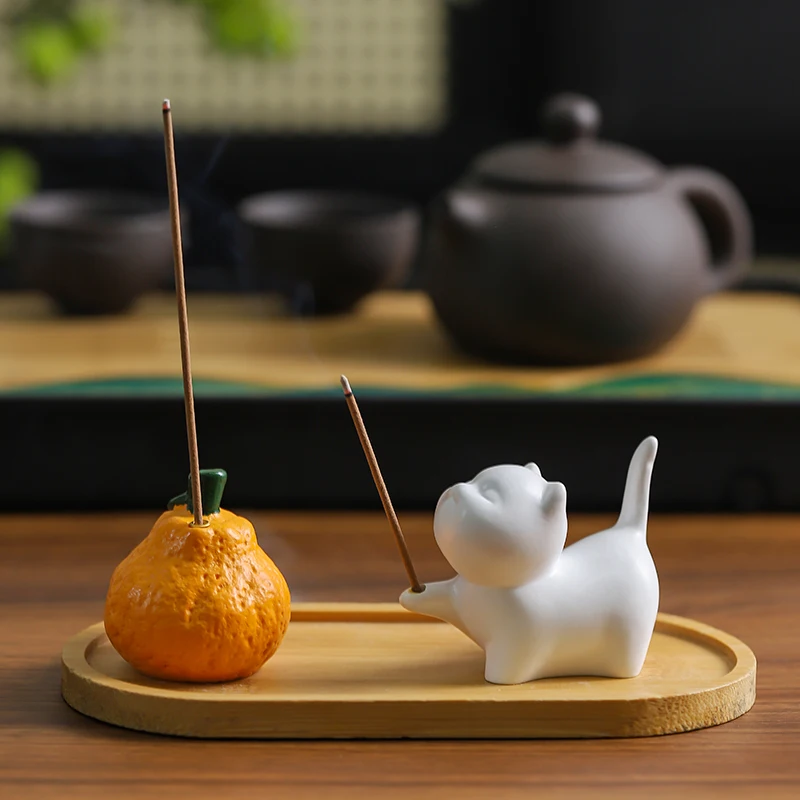 Incensário Porta Incenso Gato e Tangerina em Resina Decorativa - Imagem 2
