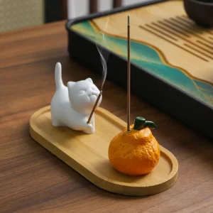 Incensário decorativo em resina com gato branco e tangerina para incensos de vareta.